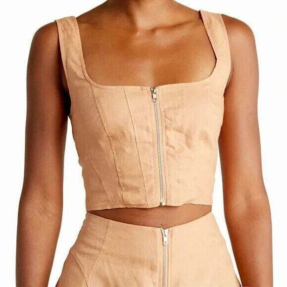 Nicholas Darby Chic Corset Style Crop Top Size 4 Twig Khaki 100% Linen NWT - Picture 1 of 8